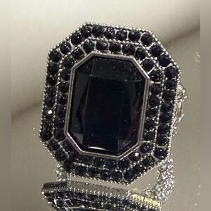 Black Glass and Crystal Statement Art Deco Ring- Adjustable Size 8 & Up